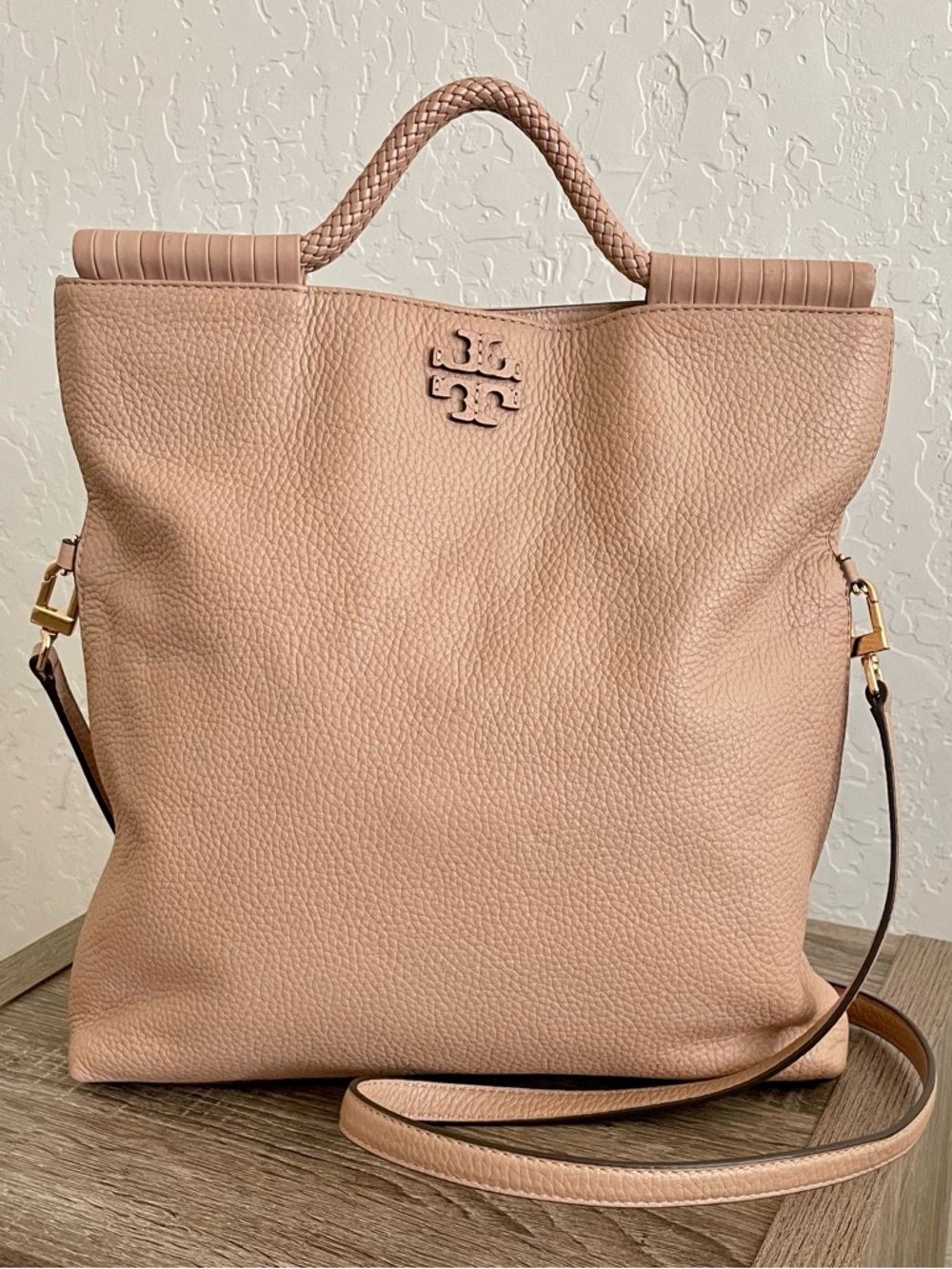 Tory Burch Pebbled Leather Tote Crossbody Blush Neutral Gold Hardware